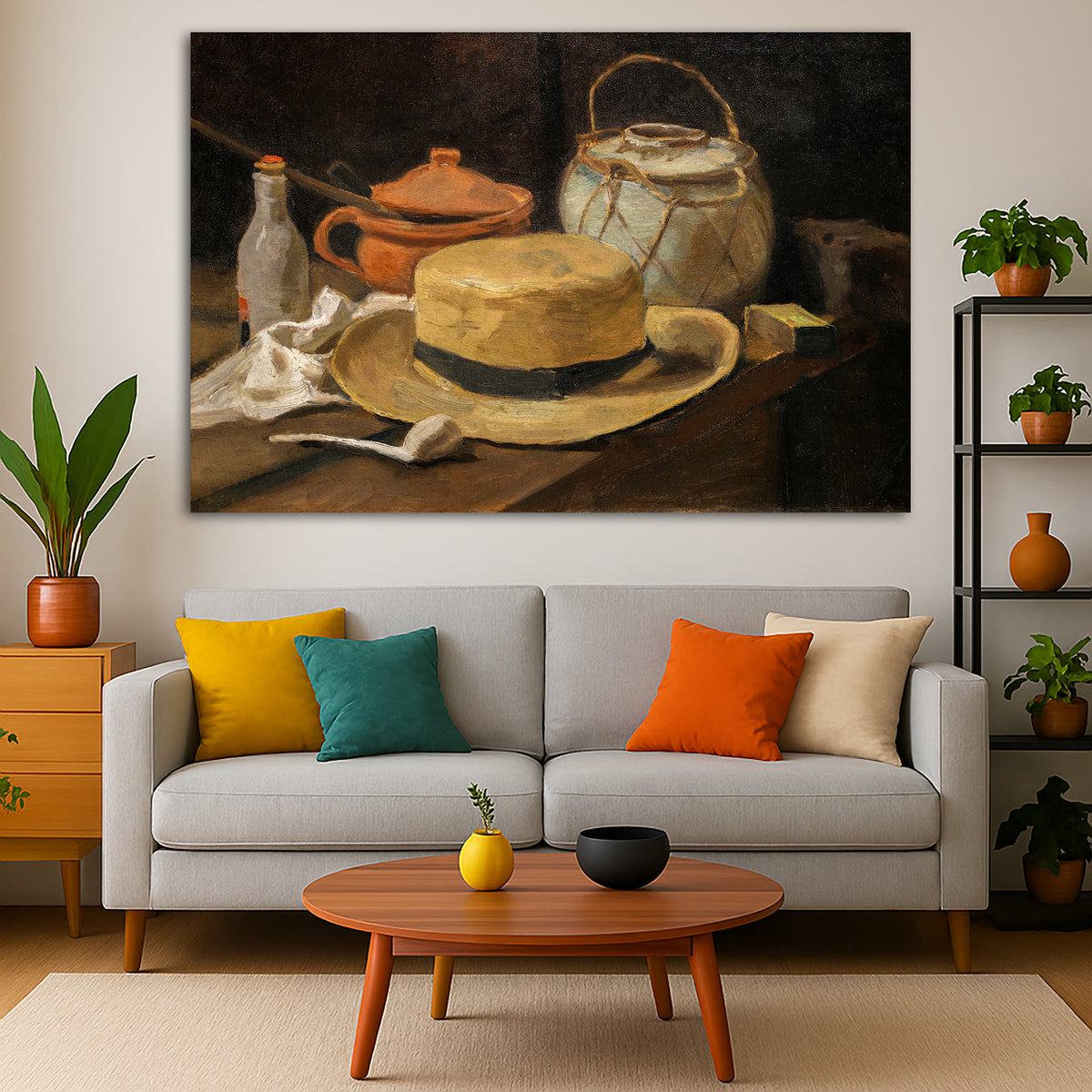 Vincent van Gogh - Still Life with Yellow Straw Hat Giclée canvas print displayed in a modern living room interior