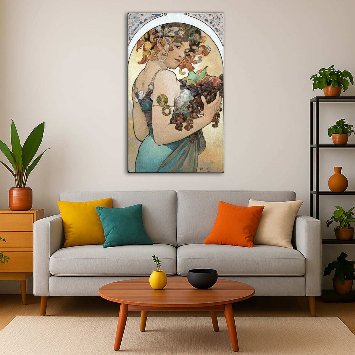 Alphonse Mucha - – Fruit Giclée canvas print displayed in a modern living room interior