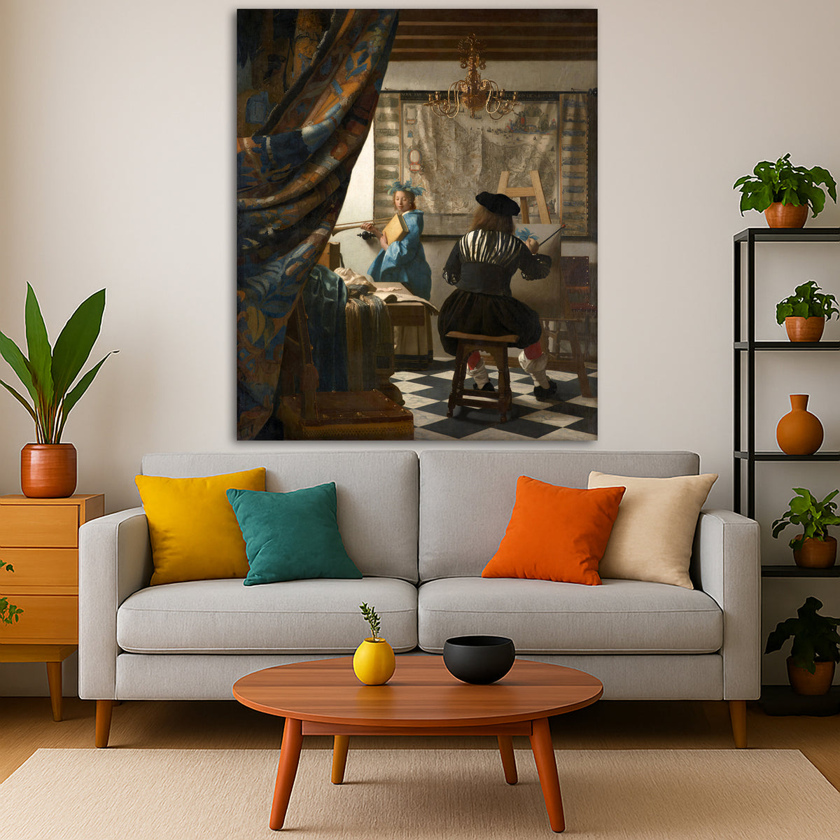 Jan Vermeer - The Art of Painting Giclée canvas print displayed in a modern living room interior