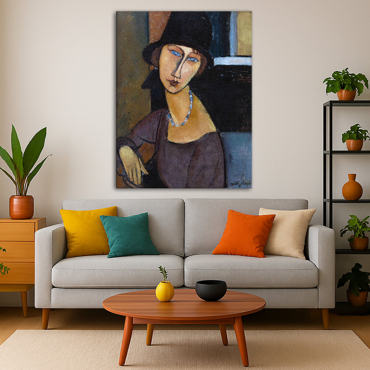 Amedeo Modigliani - Jeanne Hebuterne Hat Giclée canvas print displayed in a modern living room interior