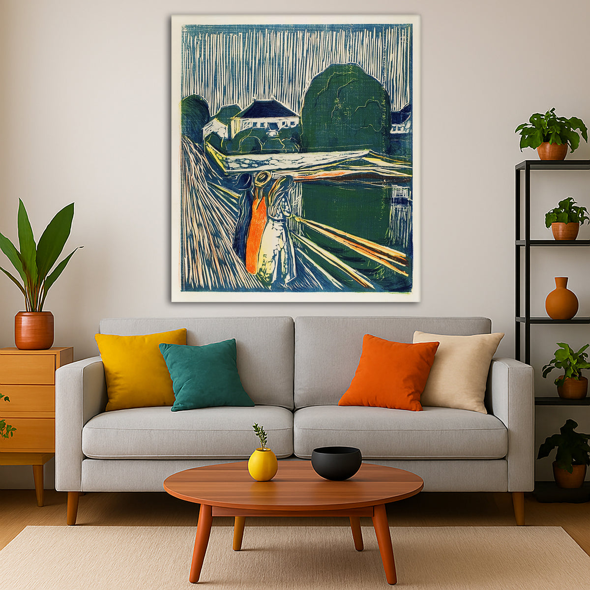 Edvard Munch - The Girls on the Bridge Giclée canvas print displayed in a modern living room interior