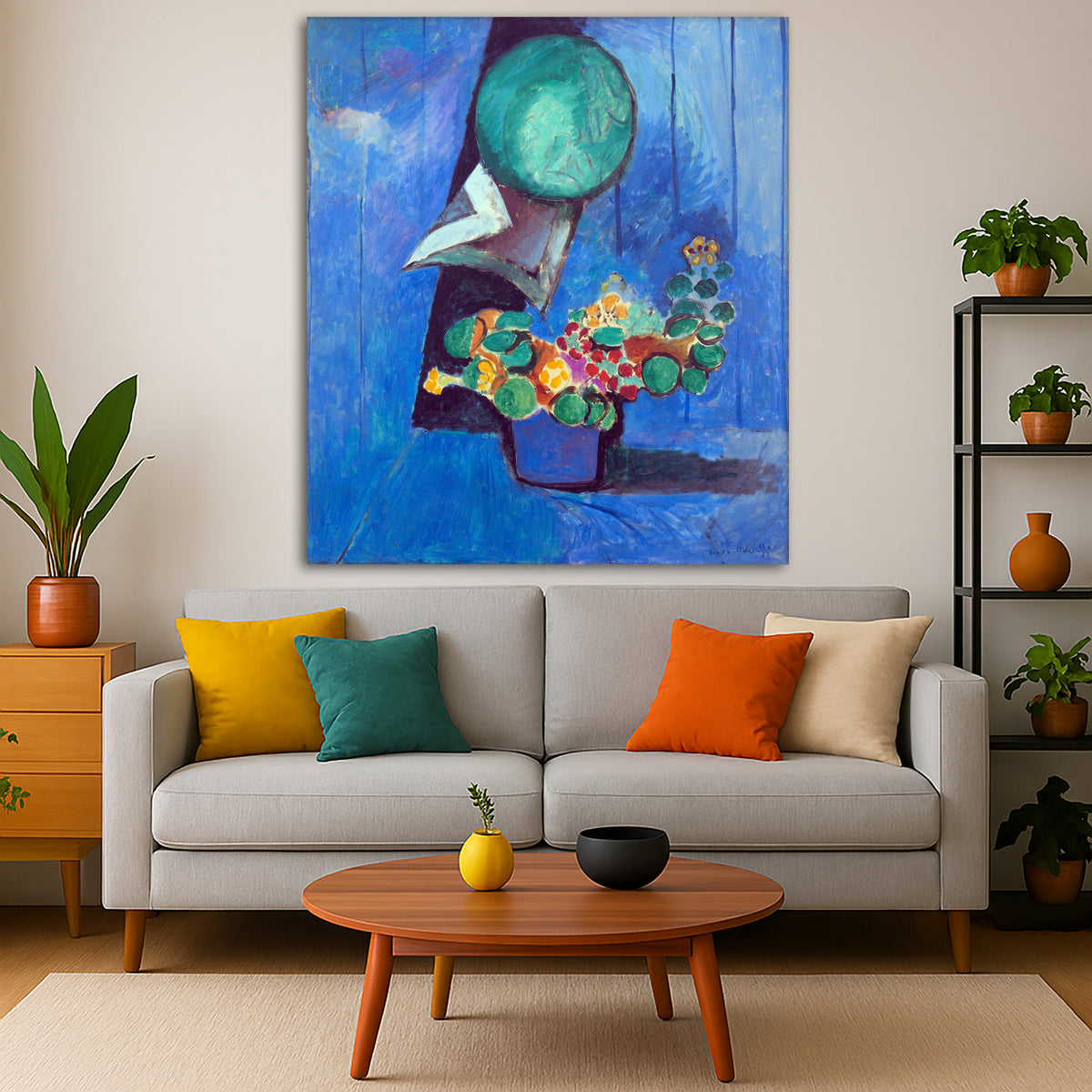 Henri Matisse - Flowers and Ceramic Giclée canvas print displayed in a modern living room interior