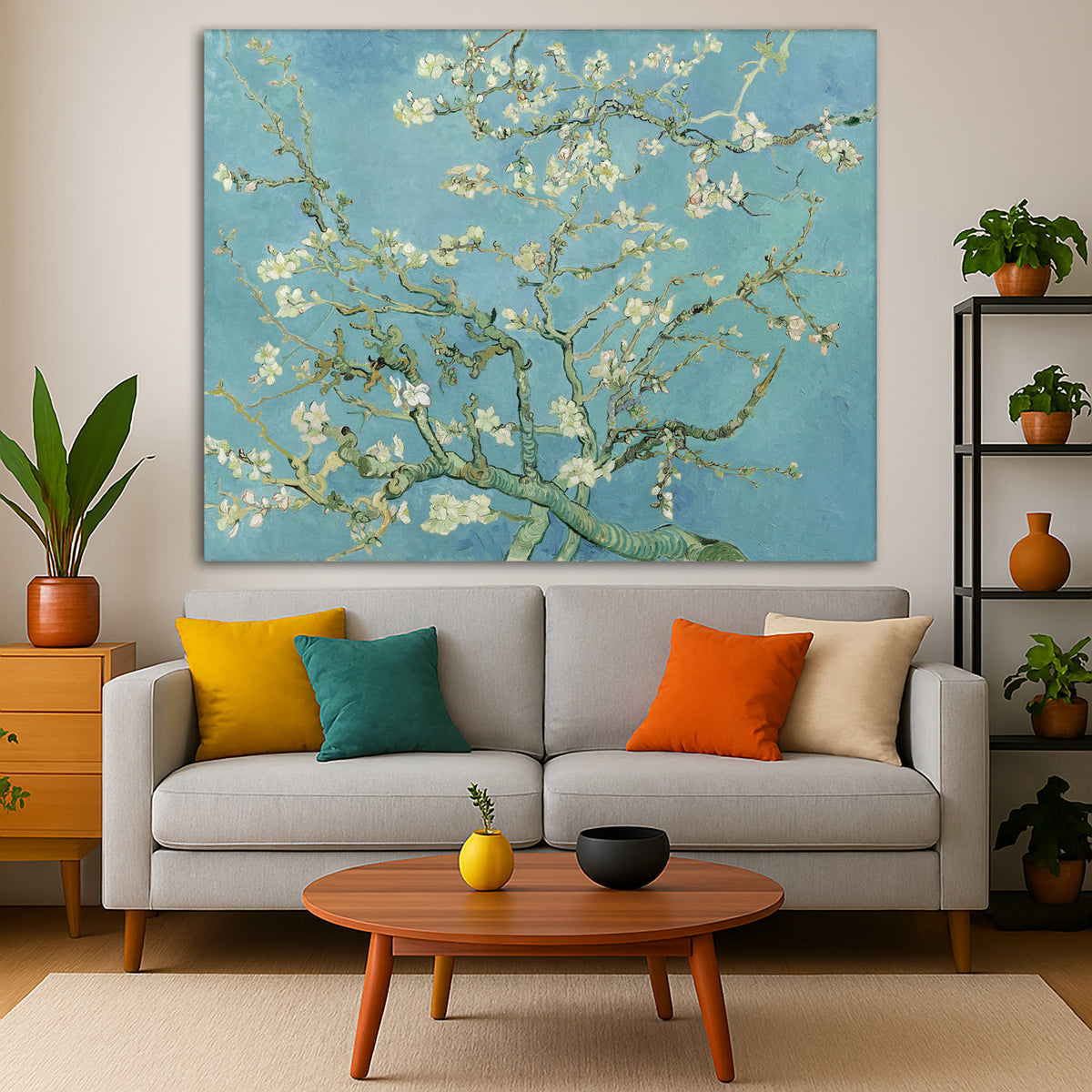 Vincent van Gogh - Almond Blossoms Giclée canvas print displayed in a modern living room interior
