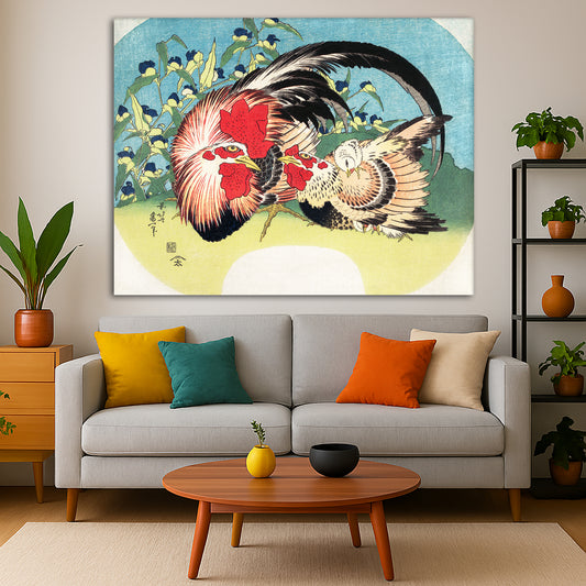 Katsushika Hokusai - Rooster Hen Chick Giclée canvas print displayed in a modern living room interior