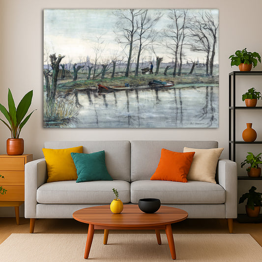 Piet Mondrian - Amsterdam Skyline Giclée canvas print displayed in a modern living room interior