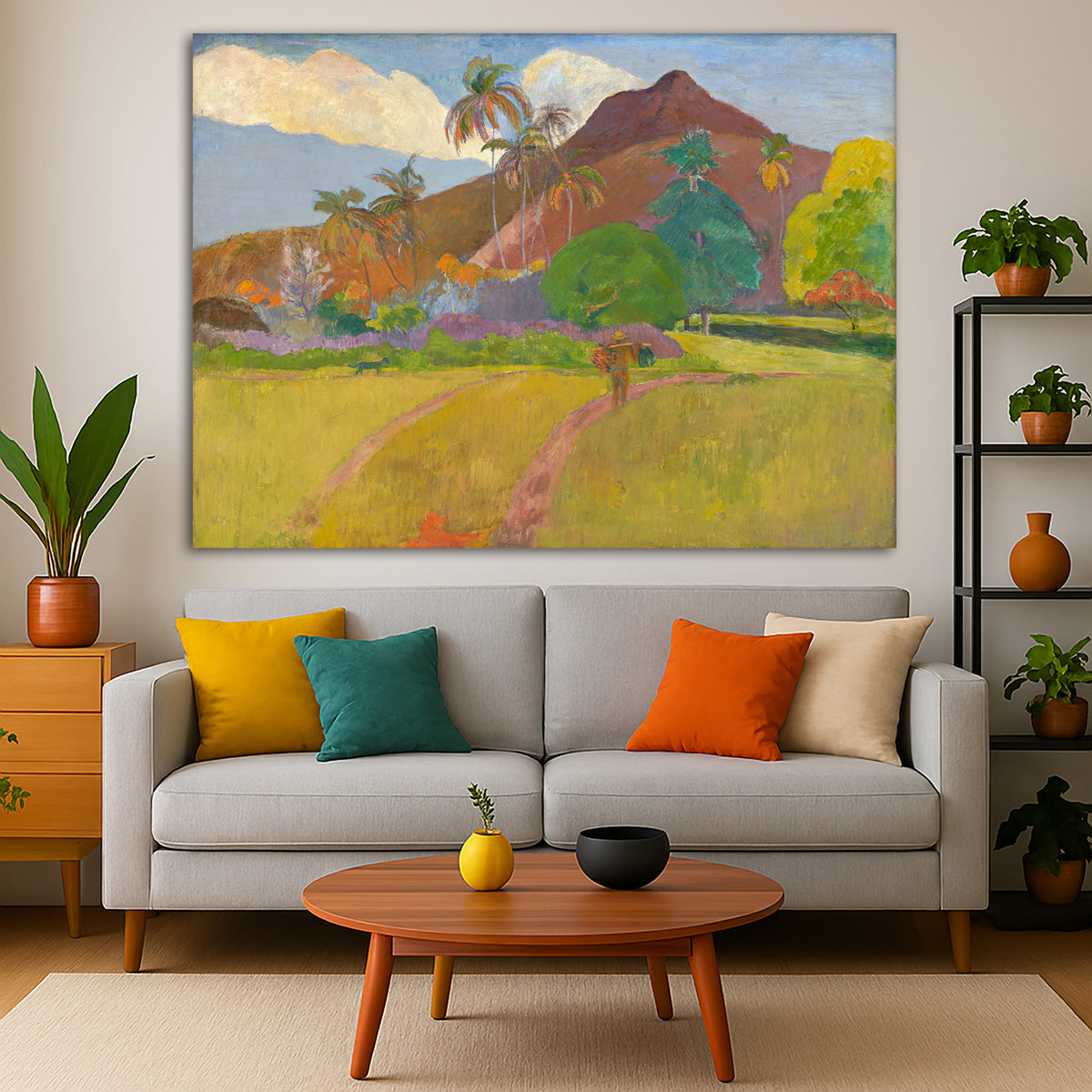 Paul Gauguin - Tahitian Landscape Giclée canvas print displayed in a modern living room interior