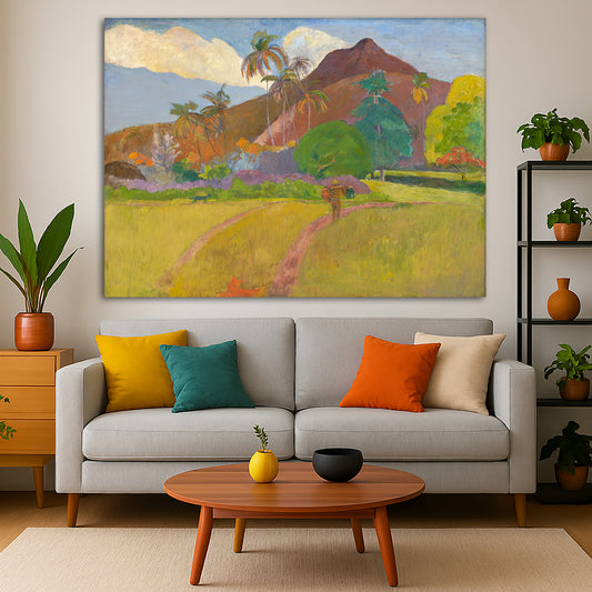 Paul Gauguin - Tahitian Landscape Giclée canvas print displayed in a modern living room interior