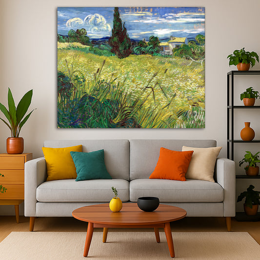 Vincent van Gogh - Green Field Giclée canvas print displayed in a modern living room interior