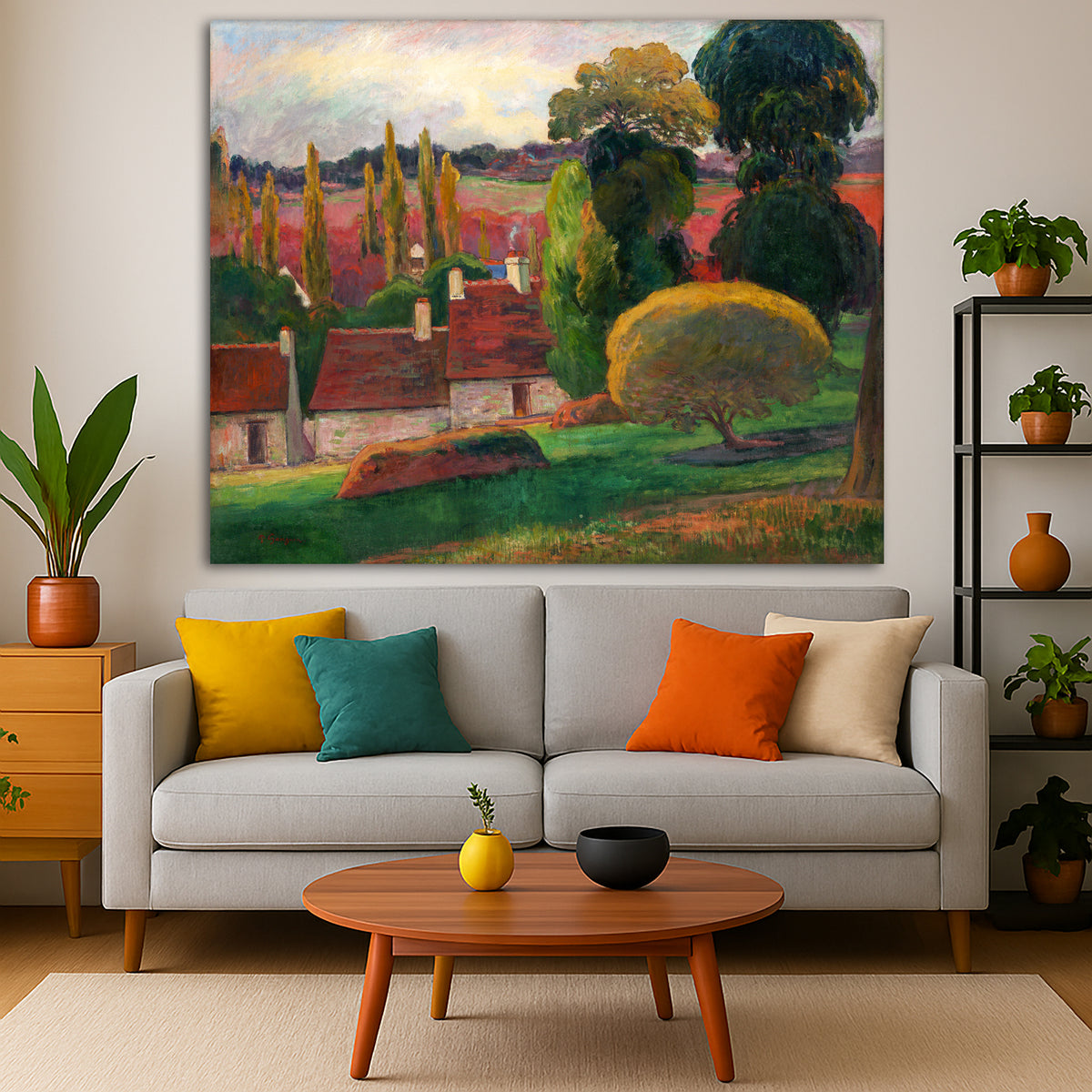 Paul Gauguin - A Farm in Brittany Giclée canvas print displayed in a modern living room interior