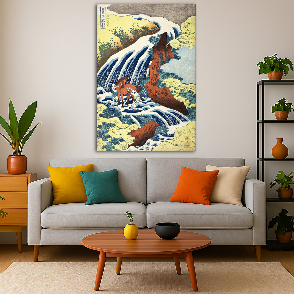 Katsushika Hokusai - Yoshitsune Waterfall Giclée canvas print displayed in a modern living room interior