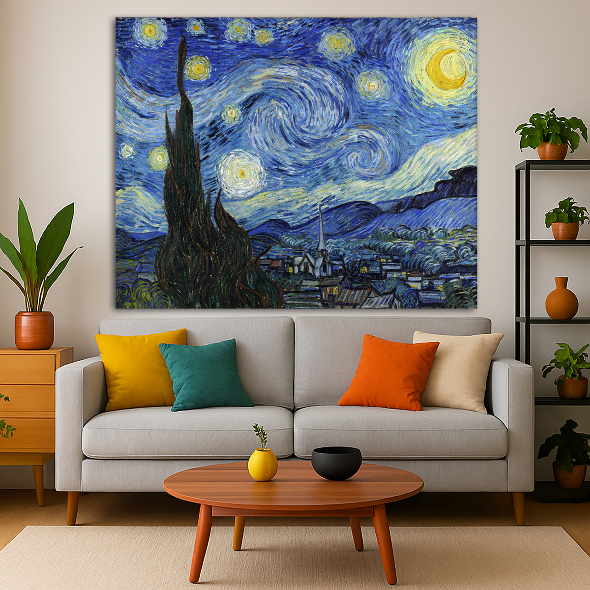 Vincent van Gogh - Starry Night Giclée canvas print displayed in a modern living room interior