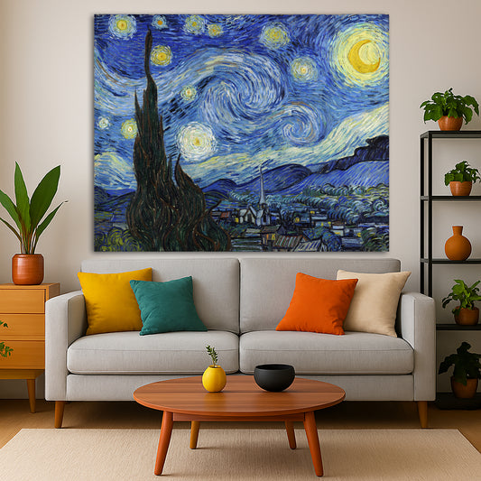 Vincent van Gogh - Starry Night Giclée canvas print displayed in a modern living room interior
