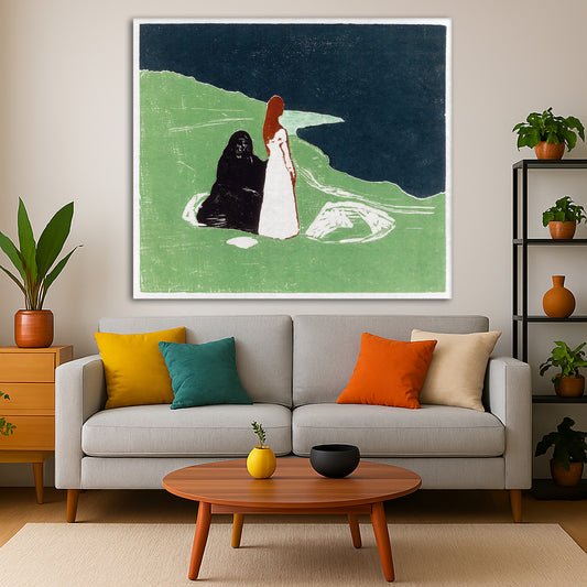 Edvard Munch - Two Women Green Shore Giclée canvas print displayed in a modern living room interior