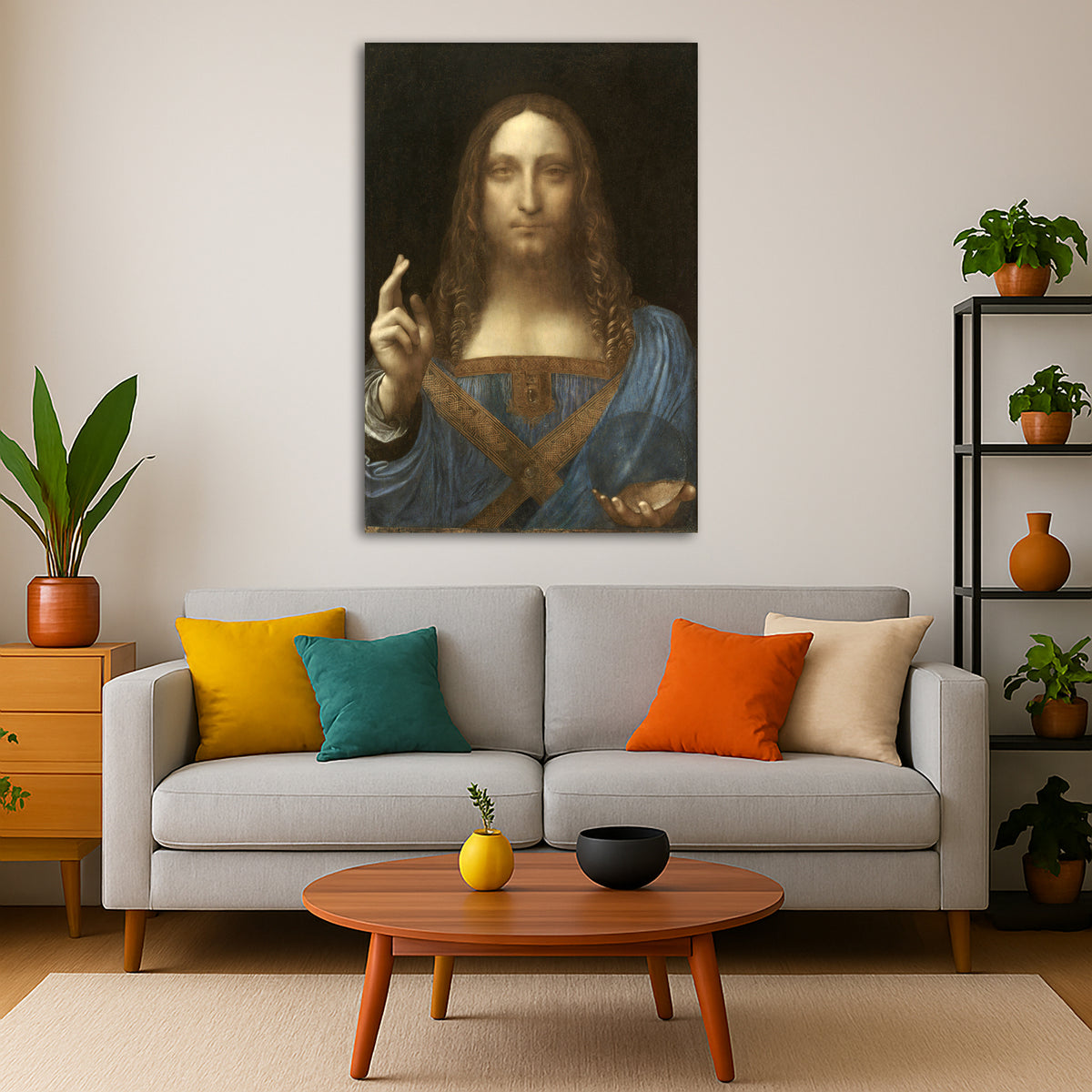 Leonardo Da Vinci - Salvator Mundi Giclée canvas print displayed in a modern living room interior