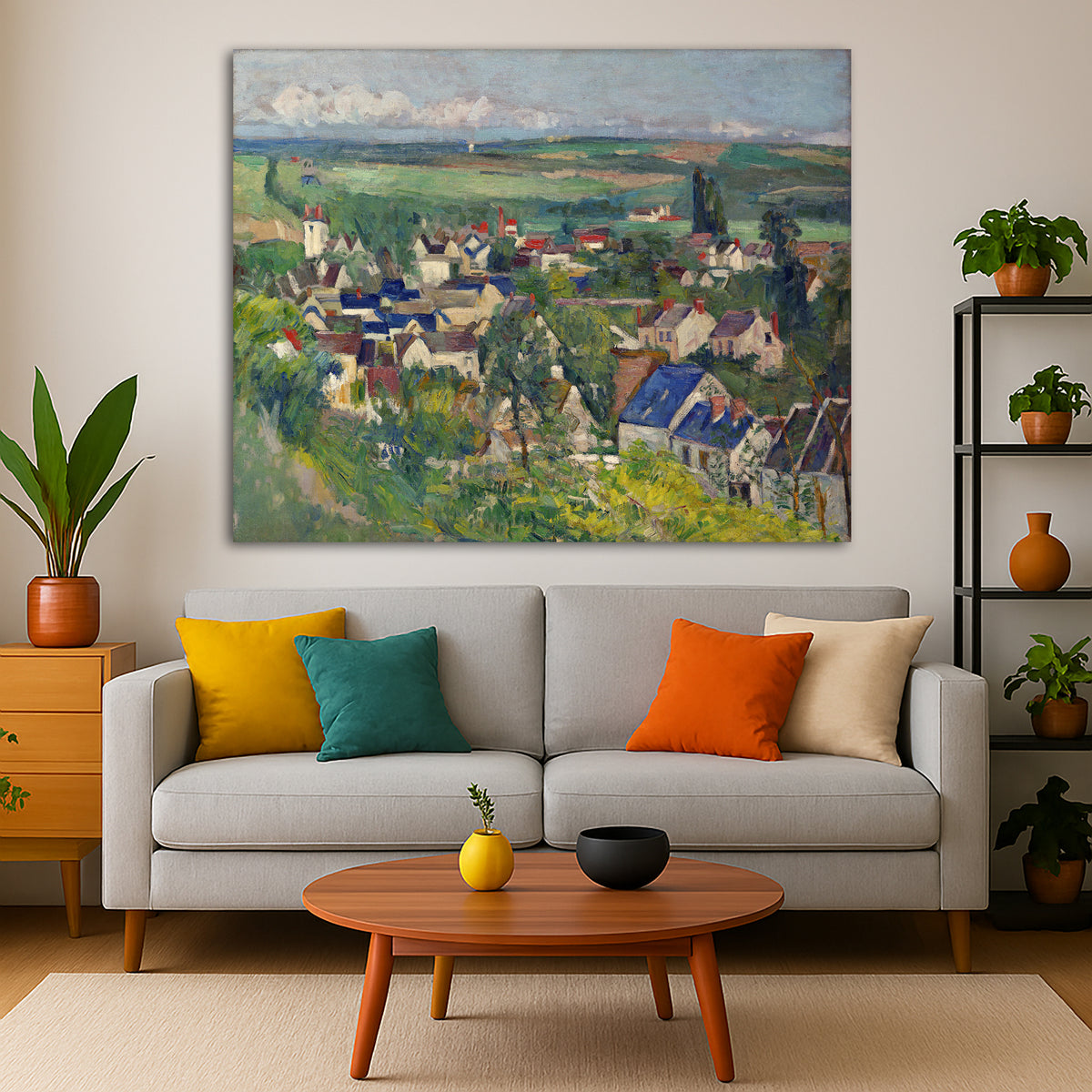 Paul Cézanne - Panoramic View of Auvers Giclée canvas print displayed in a modern living room interior
