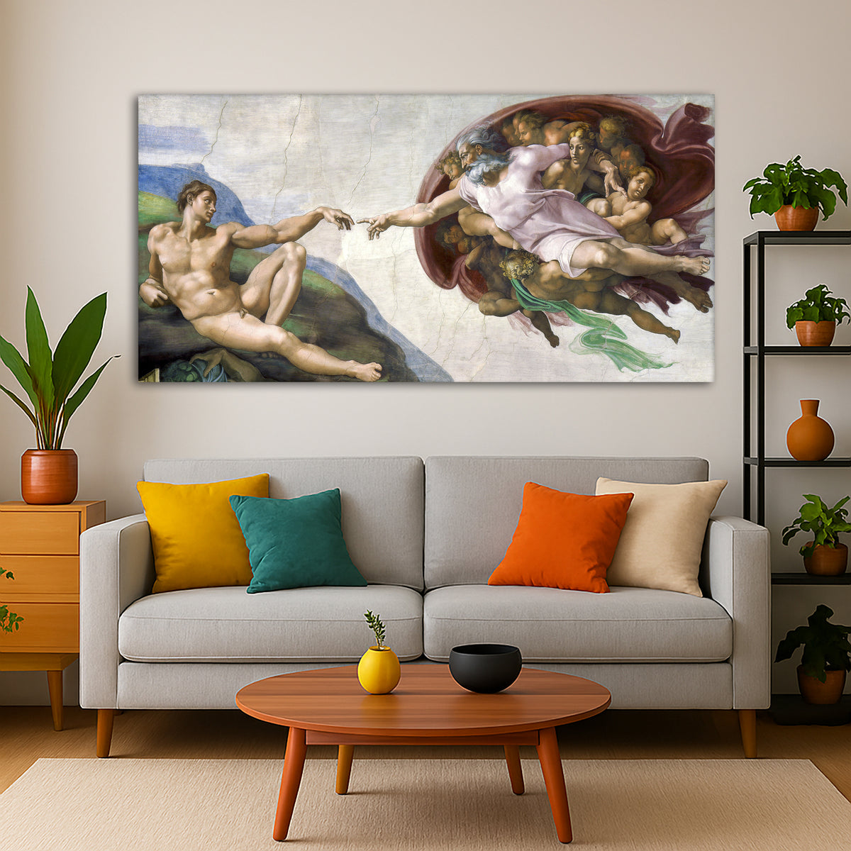 Michelangelo - Creation of Adam Giclée canvas print displayed in a modern living room interior
