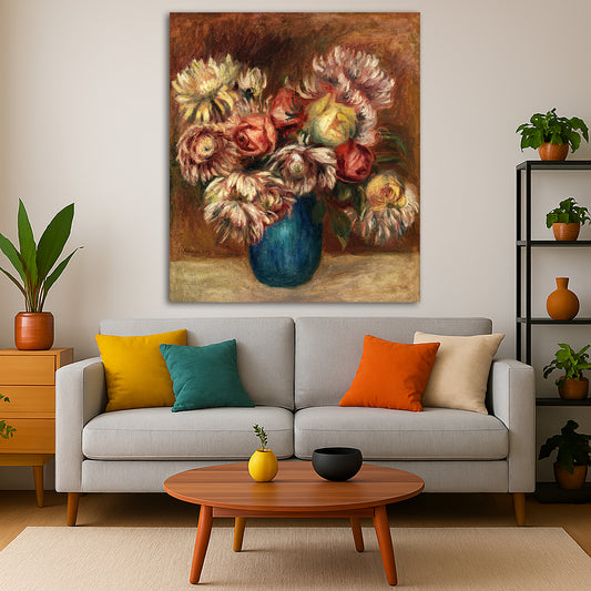 Pierre-Auguste Renoir - Flowers in a Green Vase Giclée canvas print displayed in a modern living room interior