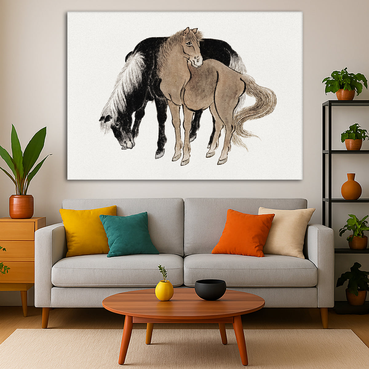 Katsushika Hokusai - Manga Sketches Giclée canvas print displayed in a modern living room interior