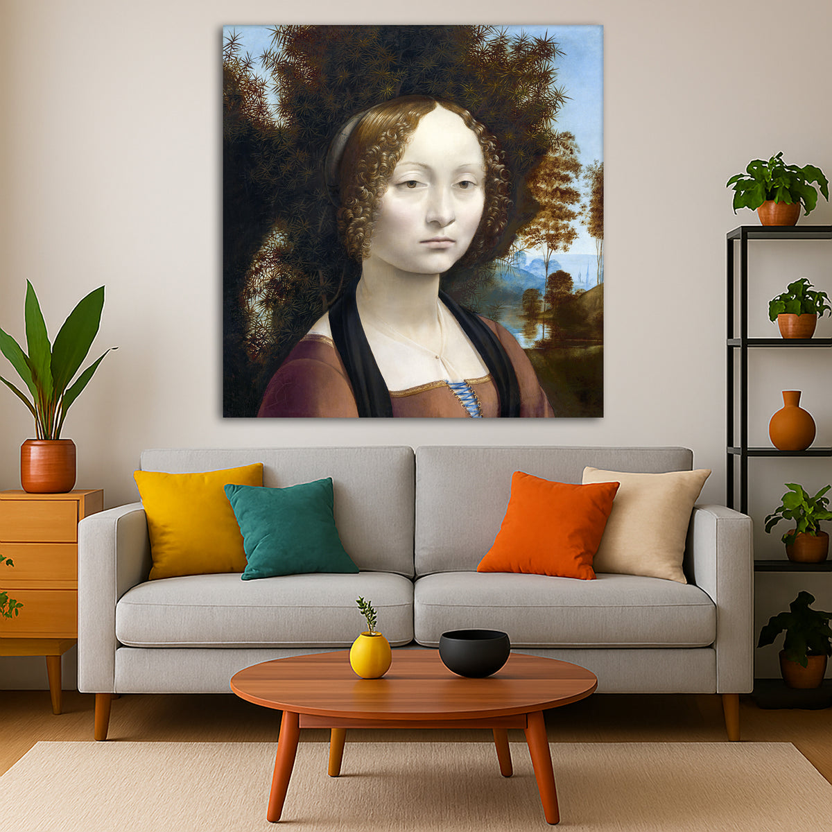 Leonardo Da Vinci - Ginevra de Benci Giclée canvas print displayed in a modern living room interior