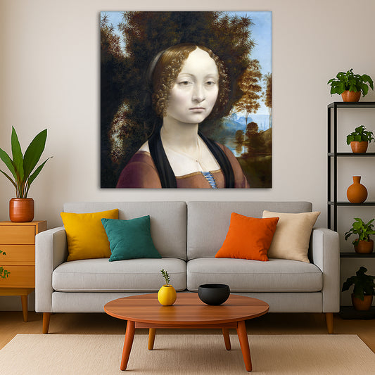 Leonardo Da Vinci - Ginevra de Benci Giclée canvas print displayed in a modern living room interior