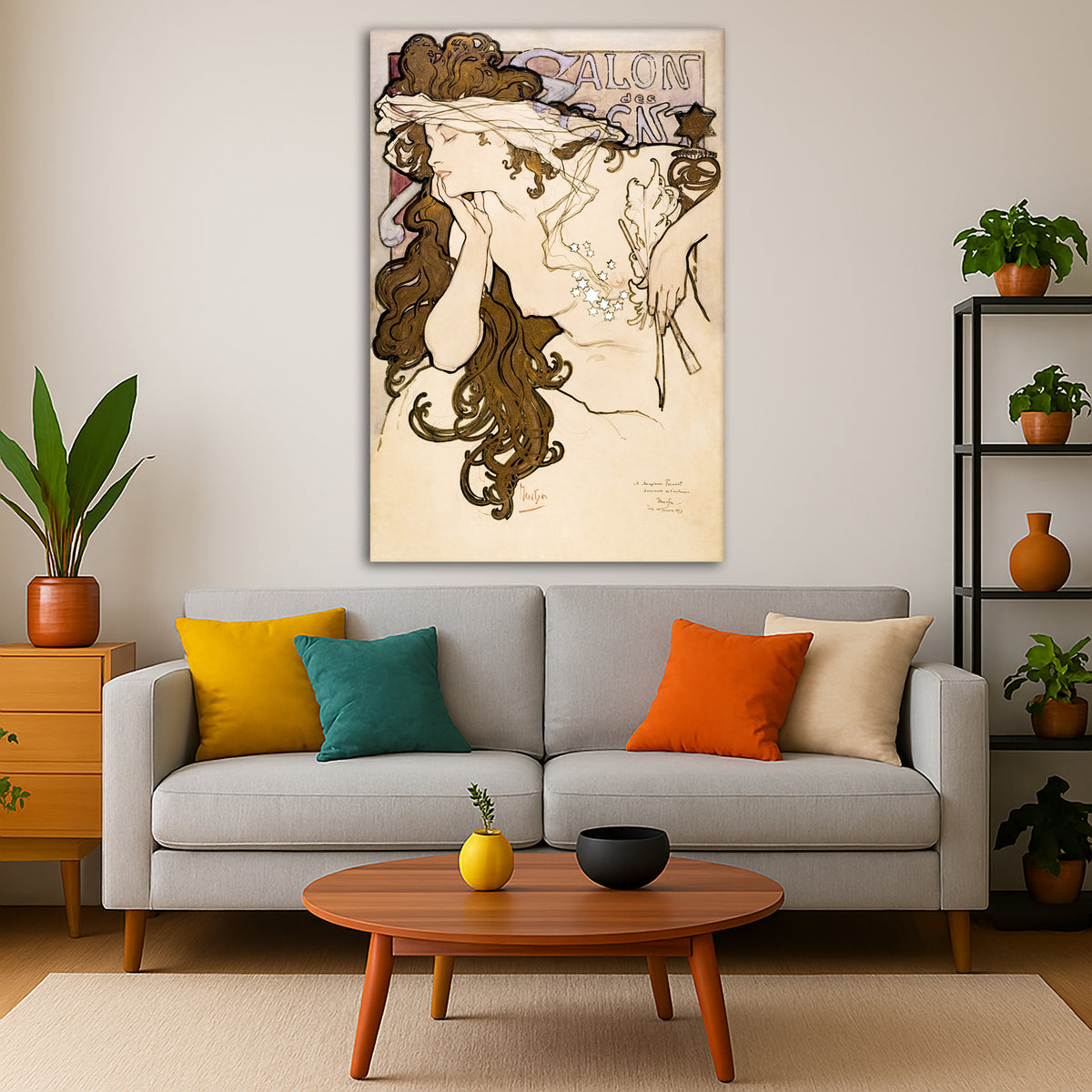 Alphonse Mucha - – Salon des Cent Giclée canvas print displayed in a modern living room interior