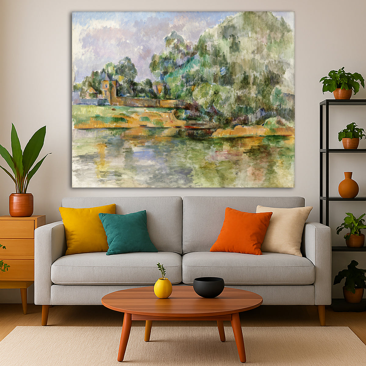Paul Cézanne - Riverbank Giclée canvas print displayed in a modern living room interior