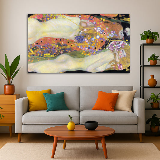 Gustav Klimt - Water Serpents II Giclée canvas print displayed in a modern living room interior