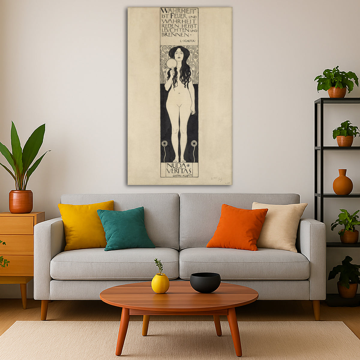 Gustav Klimt - Nuda Veritas Giclée canvas print displayed in a modern living room interior