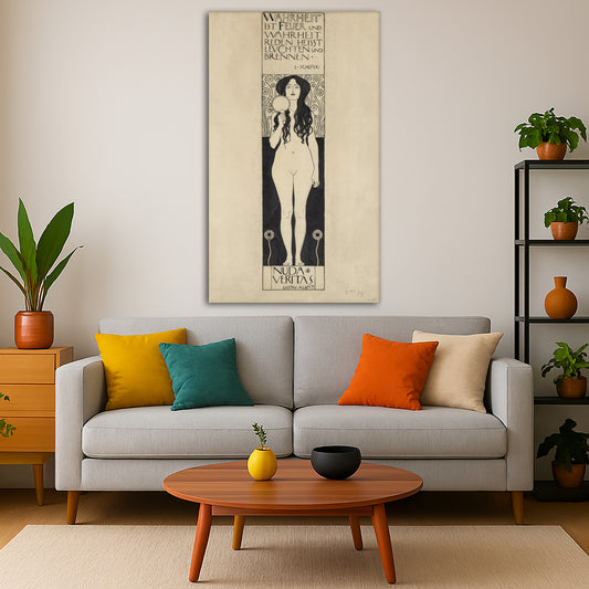 Gustav Klimt - Nuda Veritas Giclée canvas print displayed in a modern living room interior