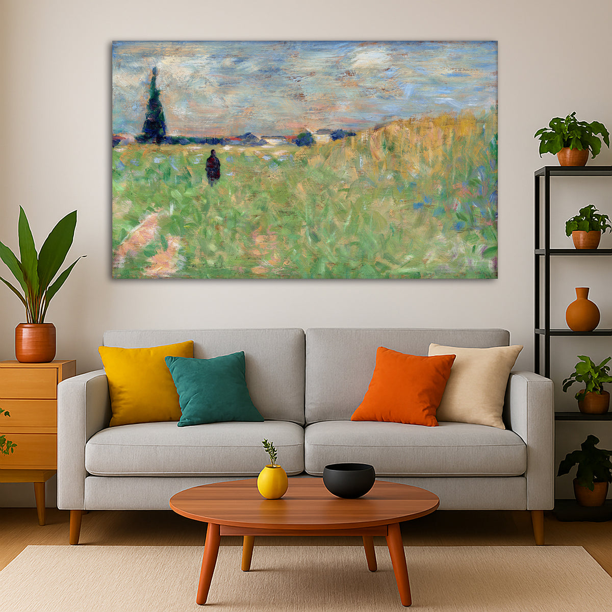 Georges Seurat - Summer Landscape Giclée canvas print displayed in a modern living room interior