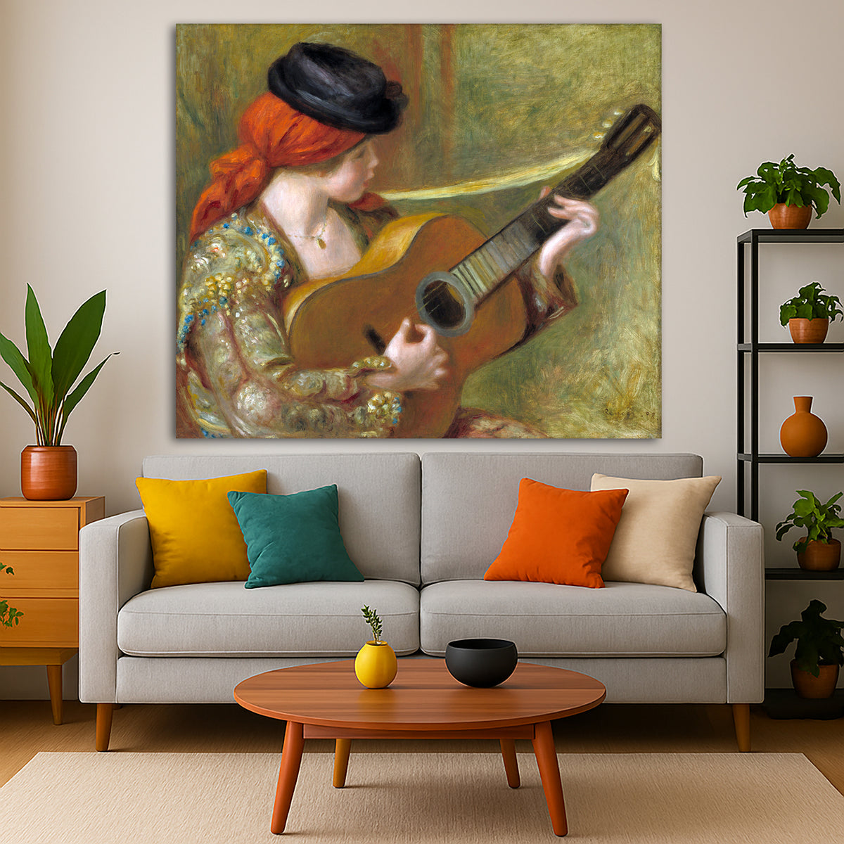 Pierre-Auguste Renoir - Spanish Woman with Guitar Giclée canvas print displayed in a modern living room interior