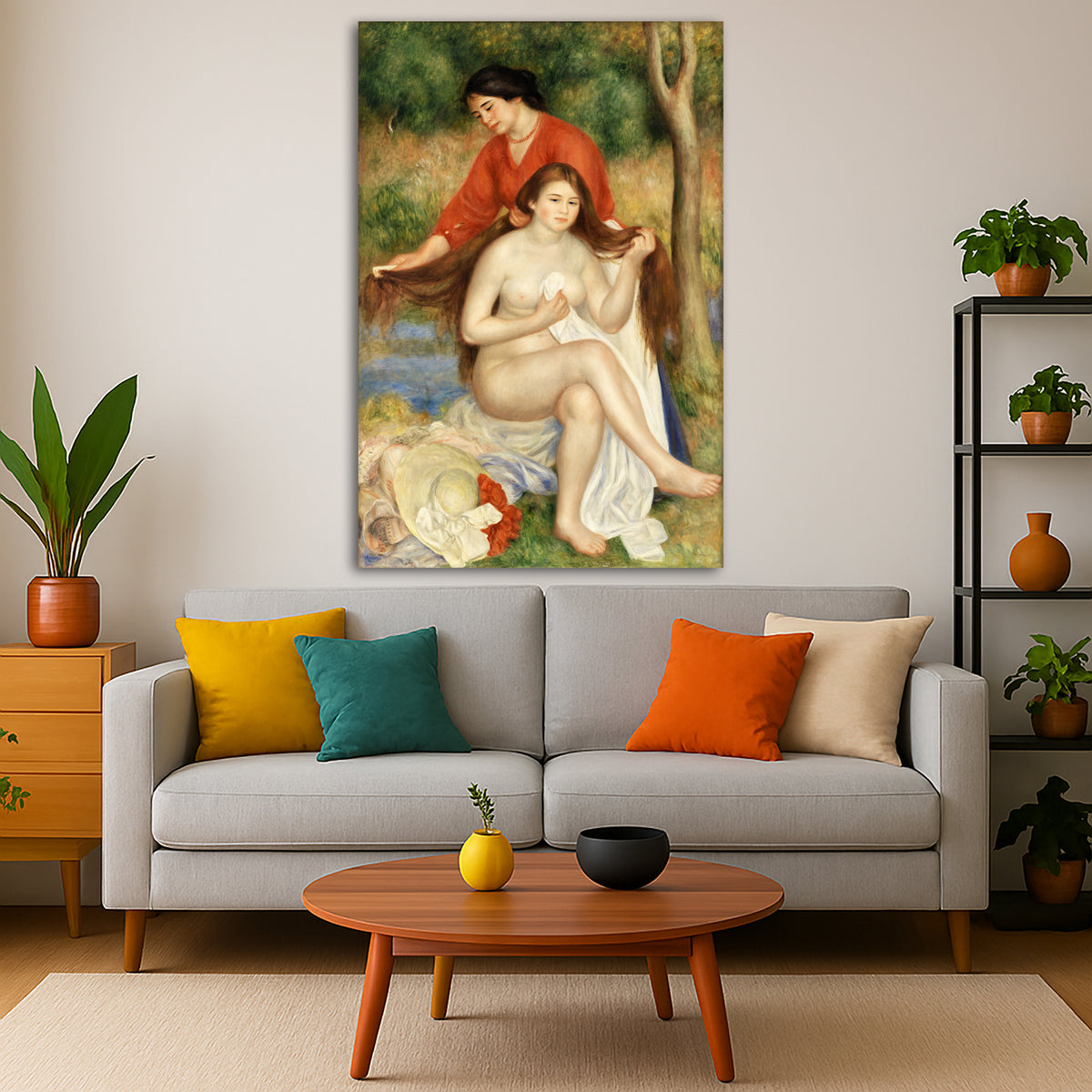 Pierre-Auguste Renoir - Bather and Maid Giclée canvas print displayed in a modern living room interior