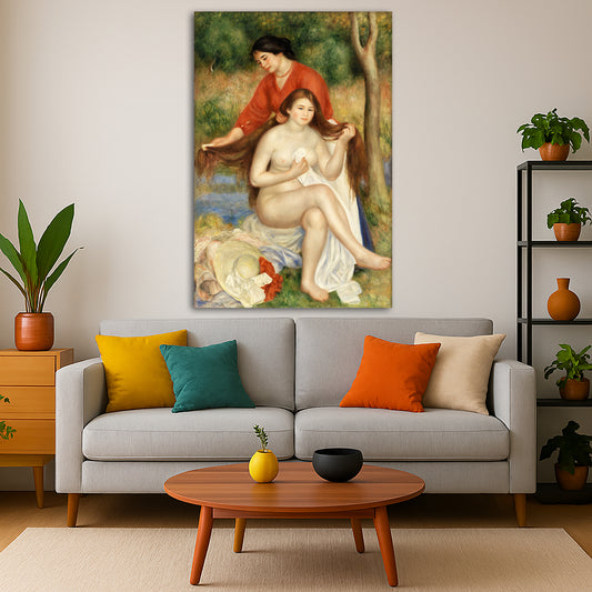 Pierre-Auguste Renoir - Bather and Maid Giclée canvas print displayed in a modern living room interior