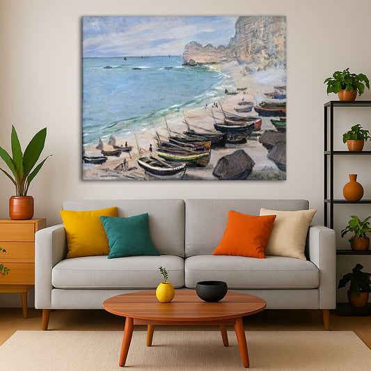 Claude Monet - Boats at Etretat Giclée canvas print displayed in a modern living room interior