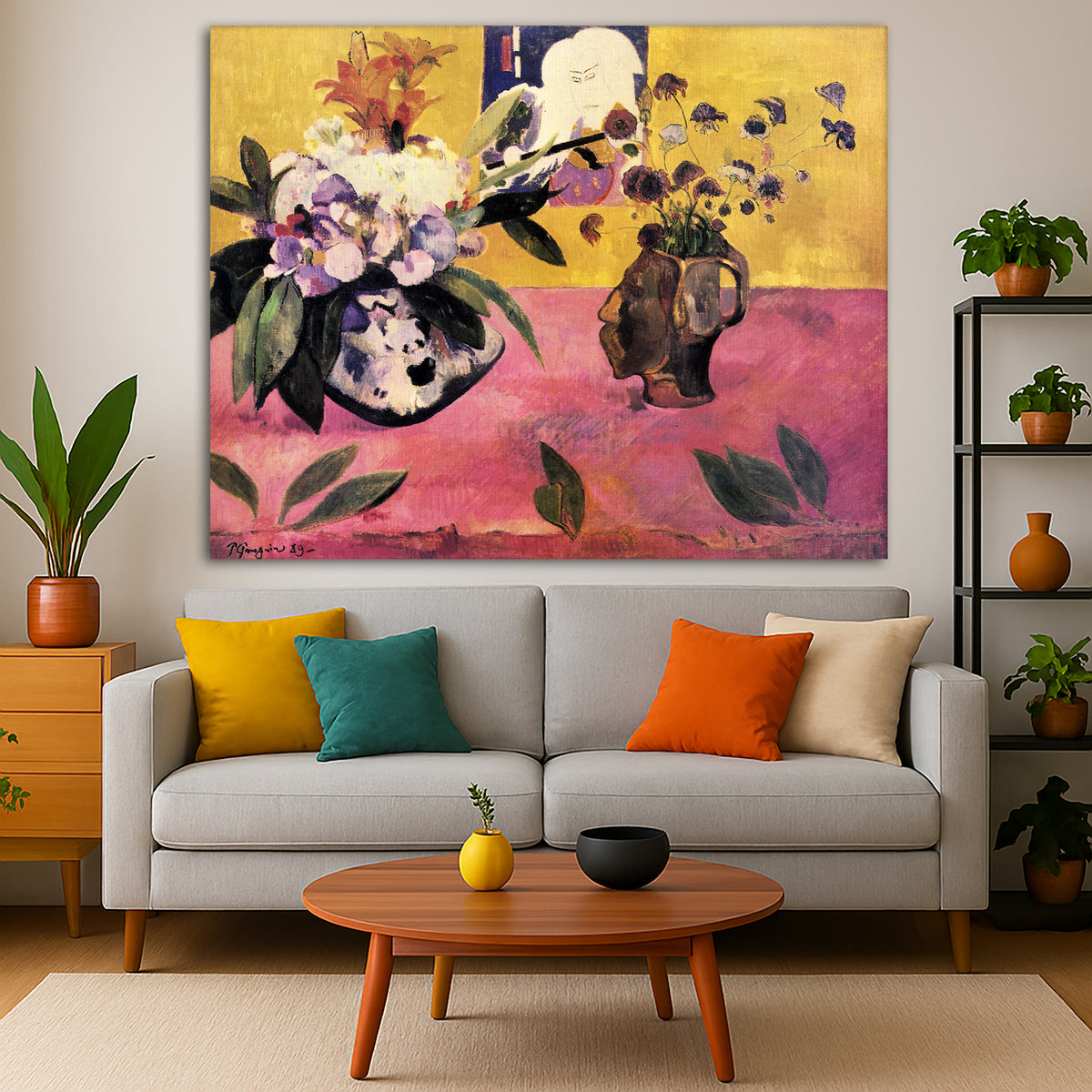Paul Gauguin - Still Life with Japanese Print Giclée canvas print displayed in a modern living room interior