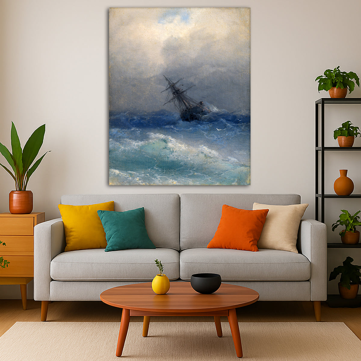 Ivan Aivazovsky - Shipwreck Giclée canvas print displayed in a modern living room interior