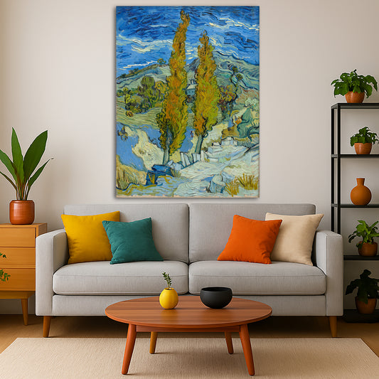 Vincent van Gogh - Poplars at Saint Remy Giclée canvas print displayed in a modern living room interior