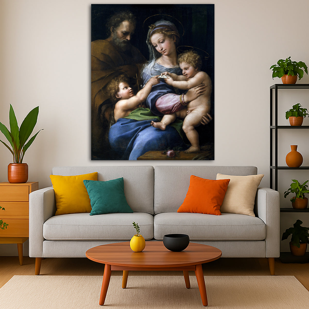 Raphael - Madonna of the Rose Giclée canvas print displayed in a modern living room interior