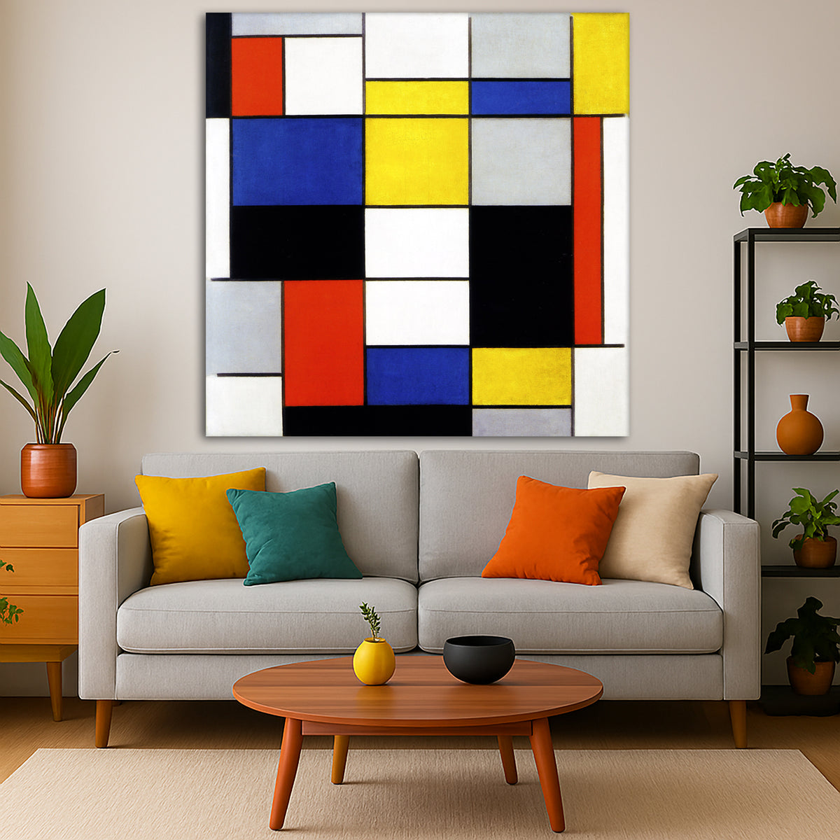 Piet Mondrian - Composition A Giclée canvas print displayed in a modern living room interior