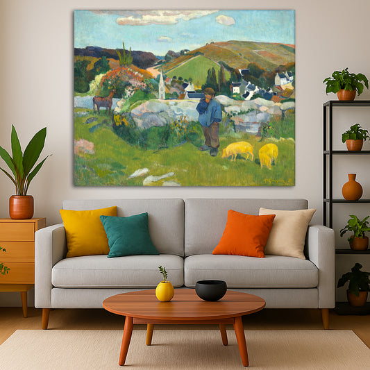Paul Gauguin - The Swineherd Brittany Giclée canvas print displayed in a modern living room interior