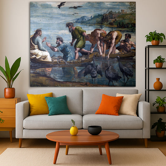 Raphael - Miraculous Draught of Fishes Giclée canvas print displayed in a modern living room interior