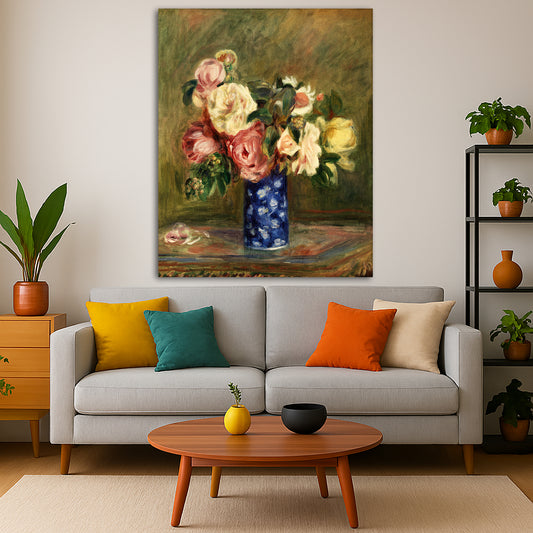 Pierre-Auguste Renoir - Bouquet of Roses Giclée canvas print displayed in a modern living room interior