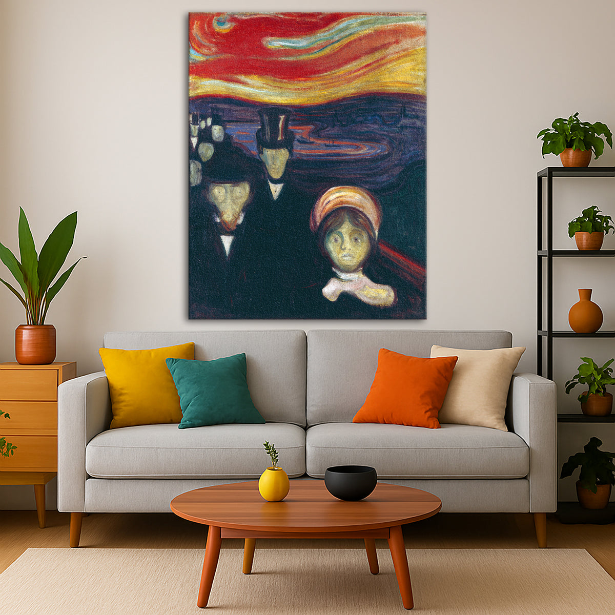 Edvard Munch - Anxiety Color Giclée canvas print displayed in a modern living room interior