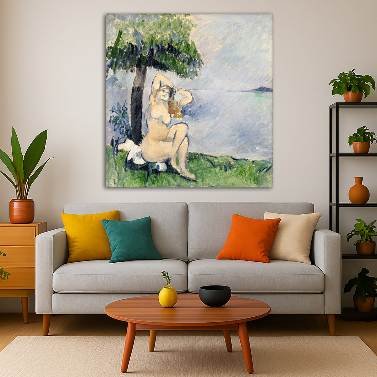 Paul Cézanne - Bather at the Seashore Giclée canvas print displayed in a modern living room interior