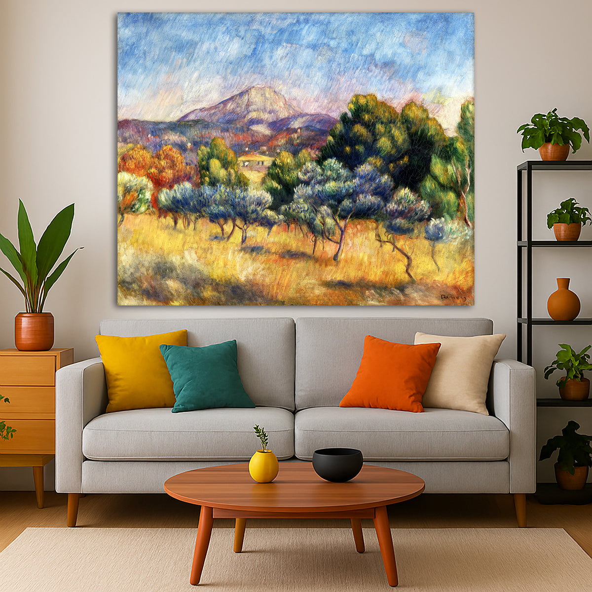 Pierre-Auguste Renoir - Mountain Sainte-Victoire Giclée canvas print displayed in a modern living room interior