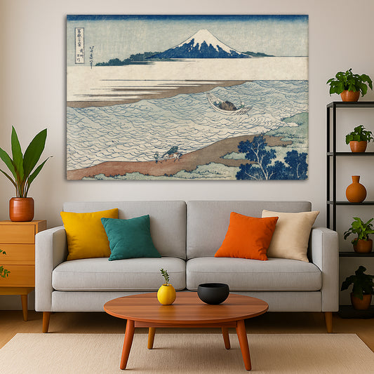 Katsushika Hokusai - Tama River in Musashi Province 1830 Giclée canvas print displayed in a modern living room interior