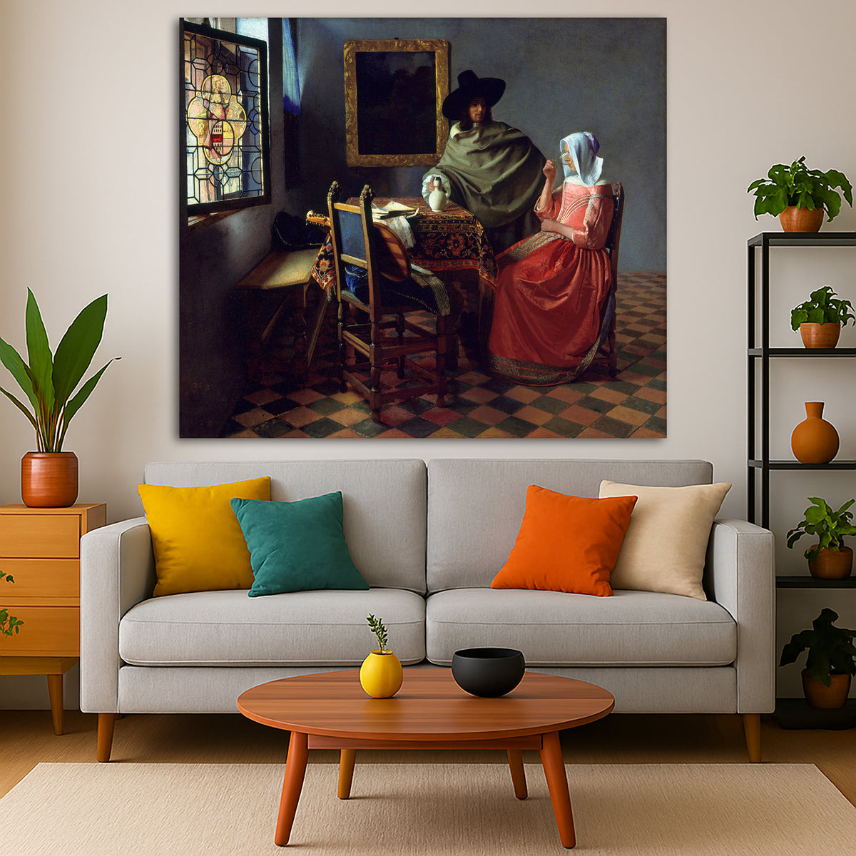 Jan Vermeer - The Wine Glass Giclée canvas print displayed in a modern living room interior