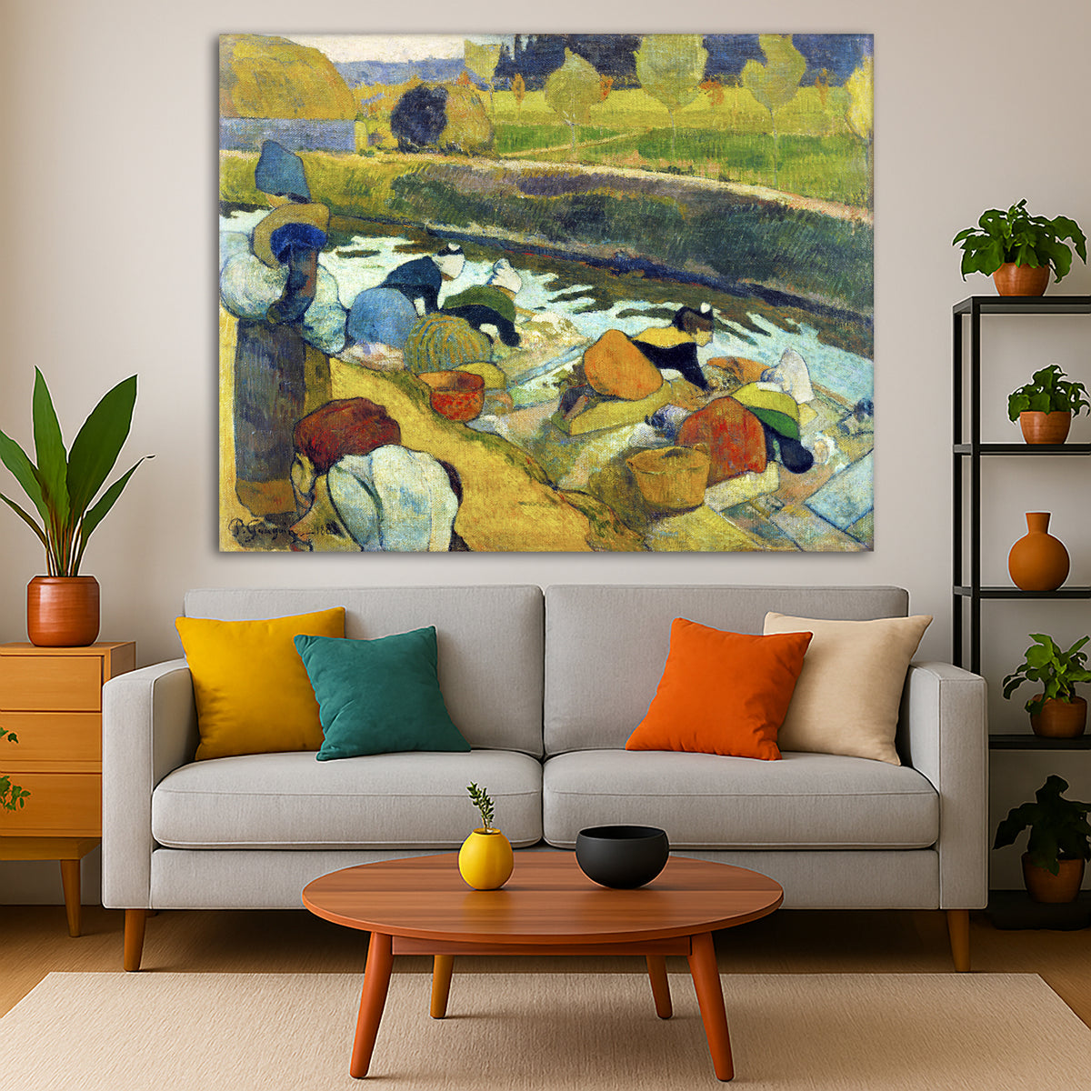 Paul Gauguin - The Washerwomen Giclée canvas print displayed in a modern living room interior