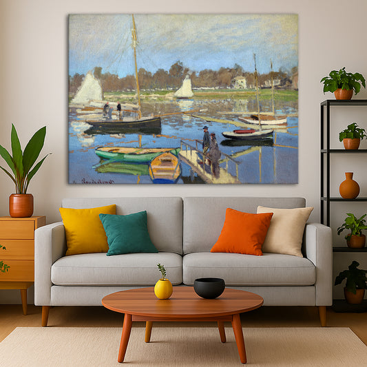 Claude Monet - Basin at Argenteuil Giclée canvas print displayed in a modern living room interior