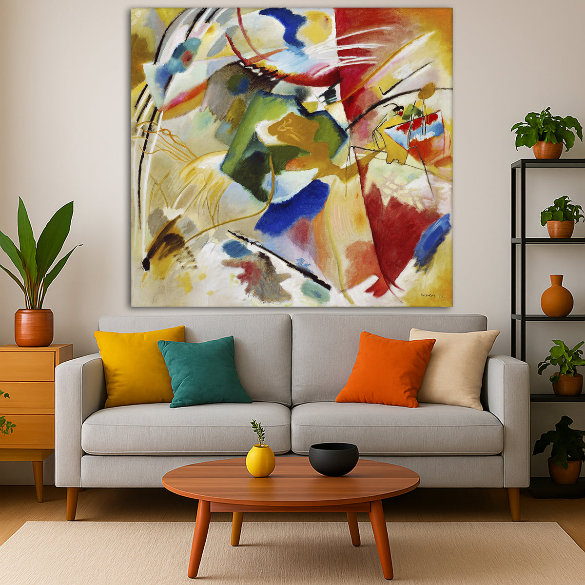 Wassily Kandinsky - Painting with Green Center Giclée canvas print displayed in a modern living room interior